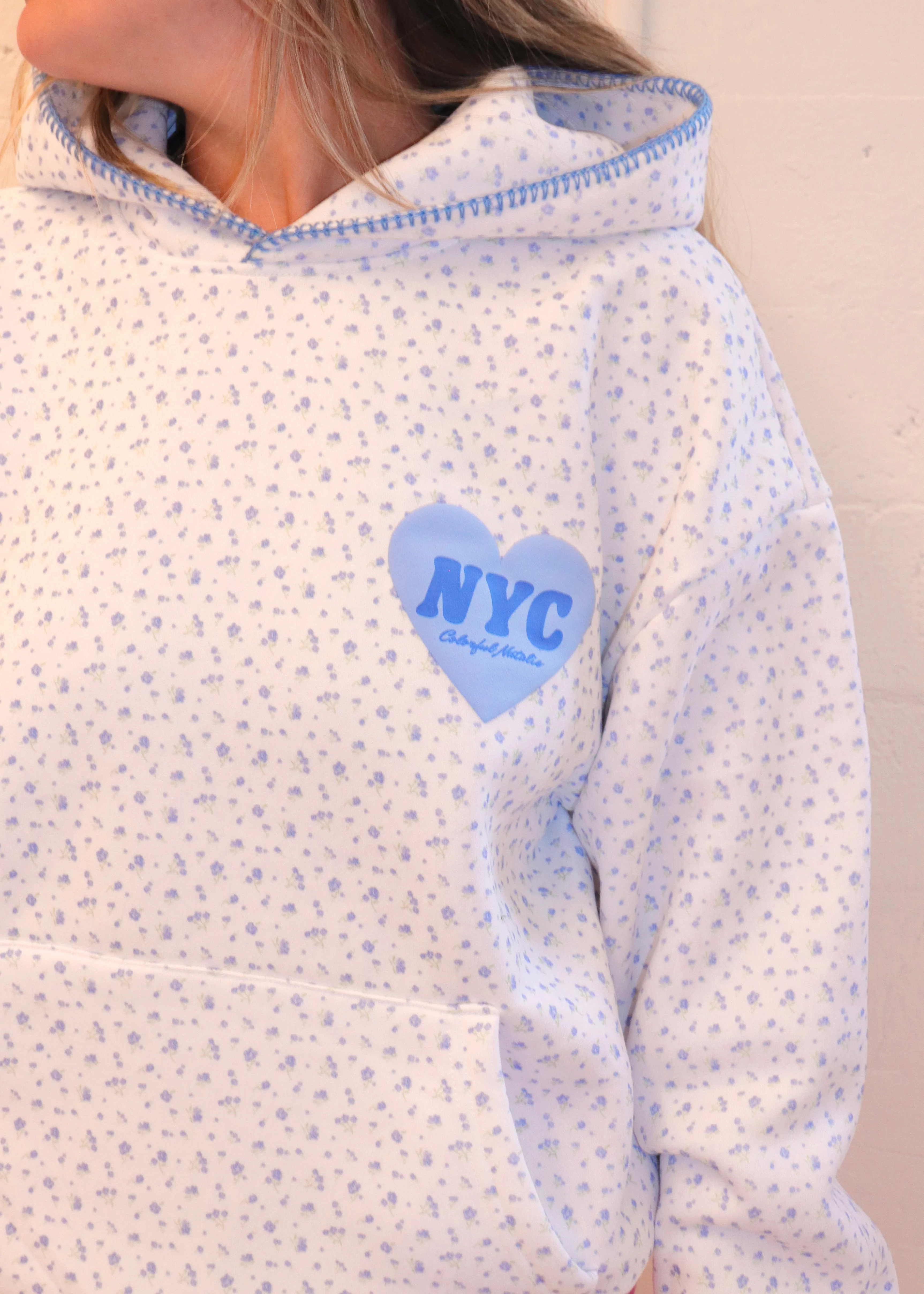 Blue Floral Heart Puff Hoodie