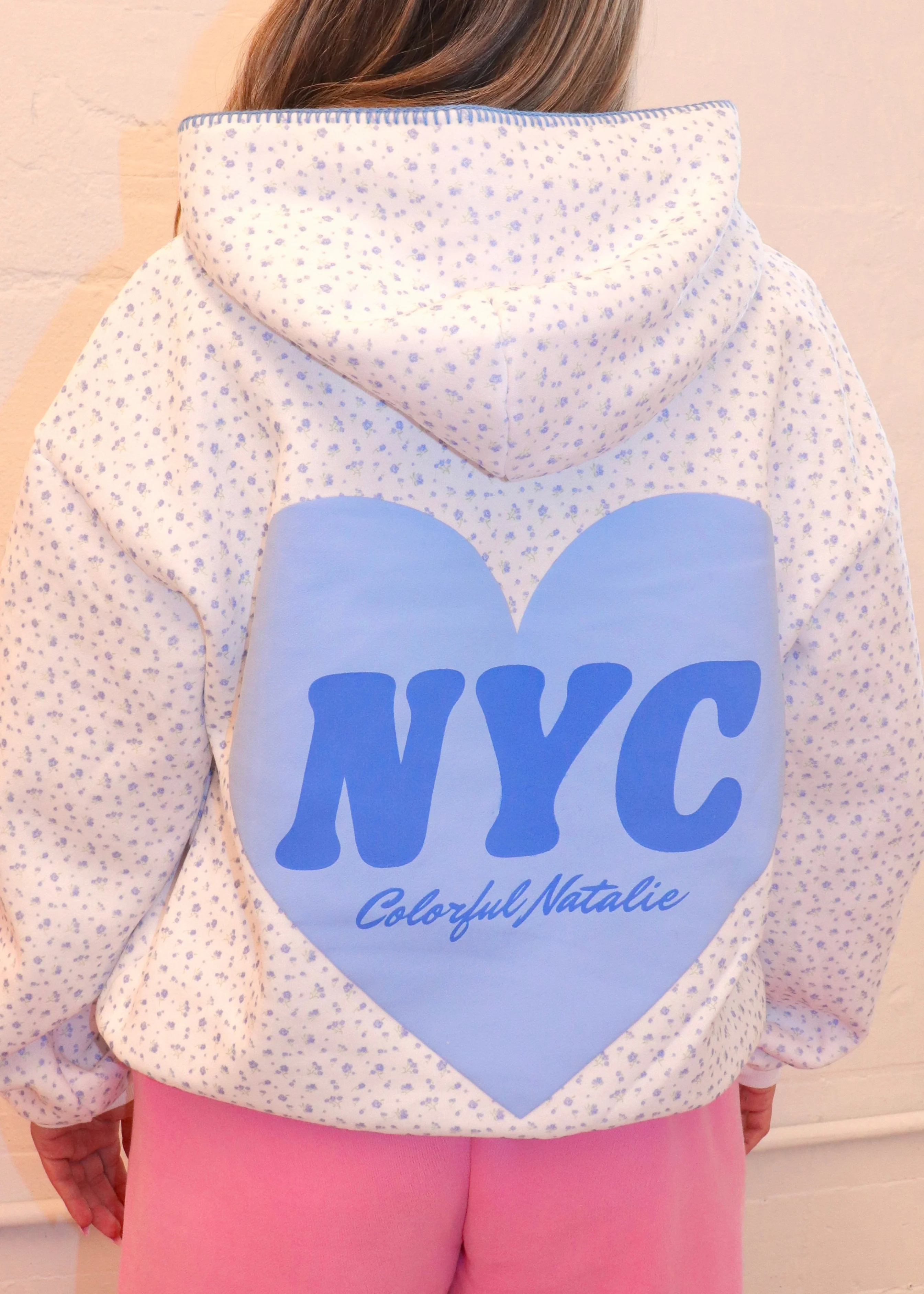 Blue Floral Heart Puff Hoodie - Image 2