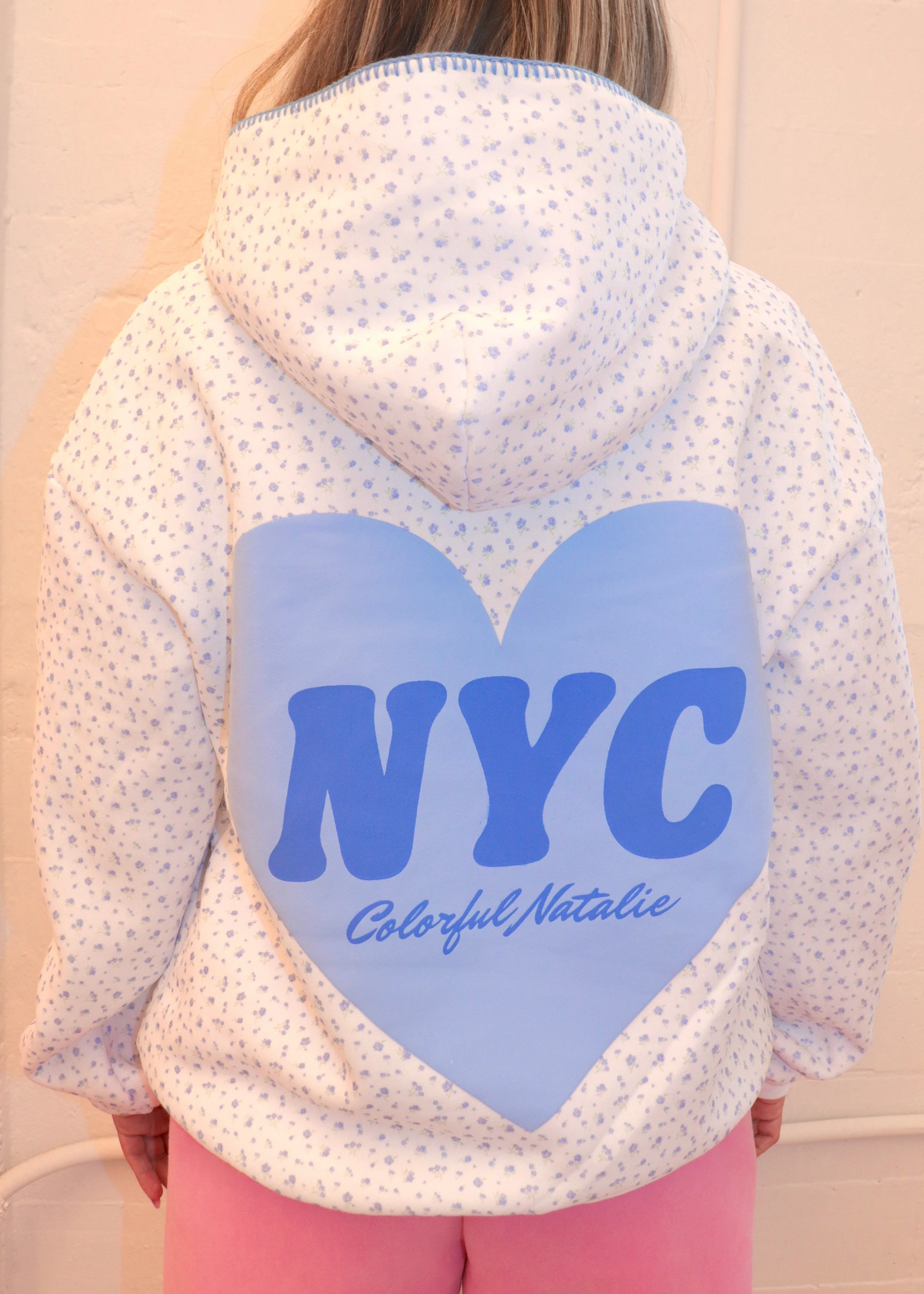 Blue Floral Heart Puff Hoodie - Image 3
