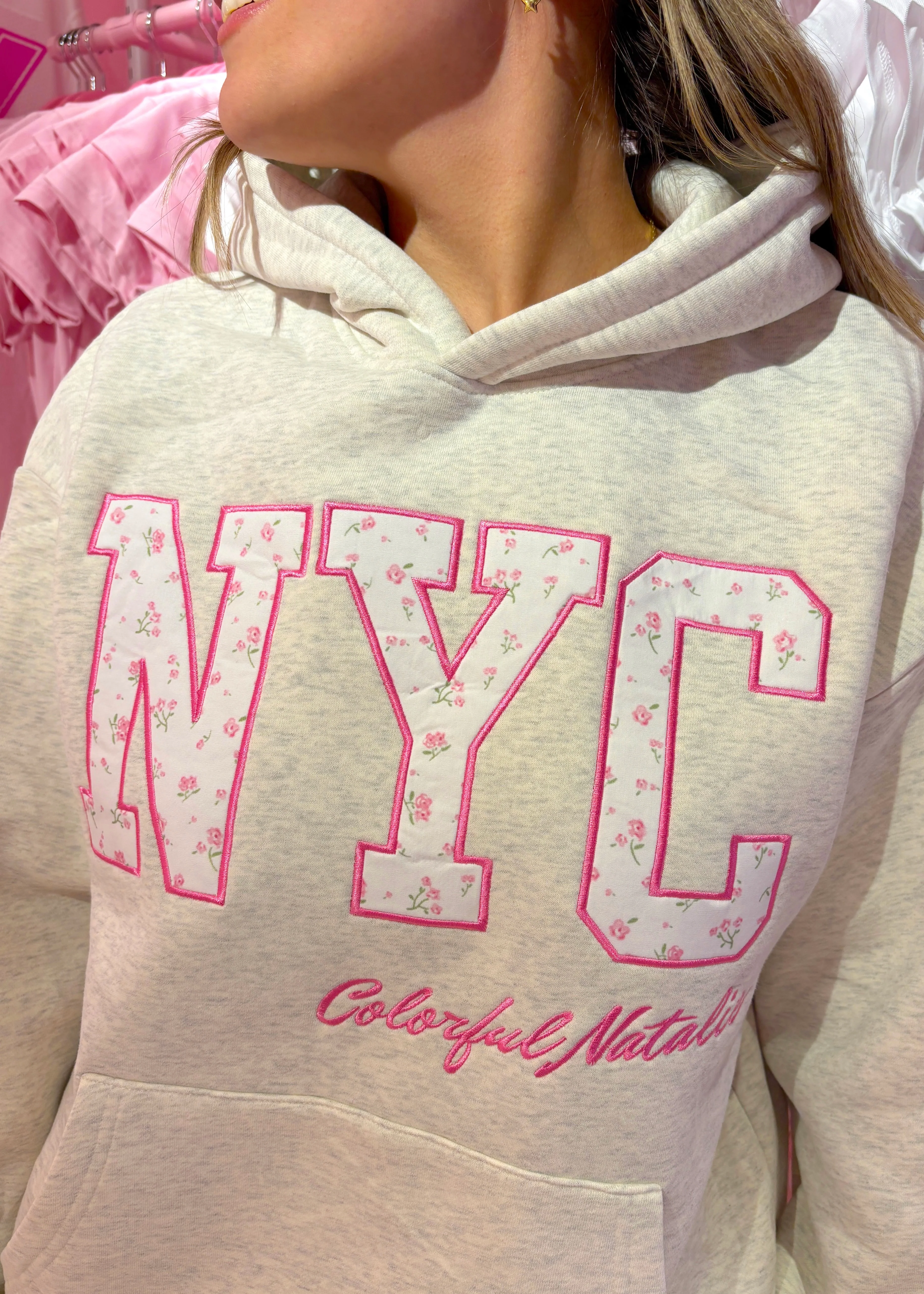 Preorder: Grey Bow Lover Embroidered NYC Hoodie - Image 2