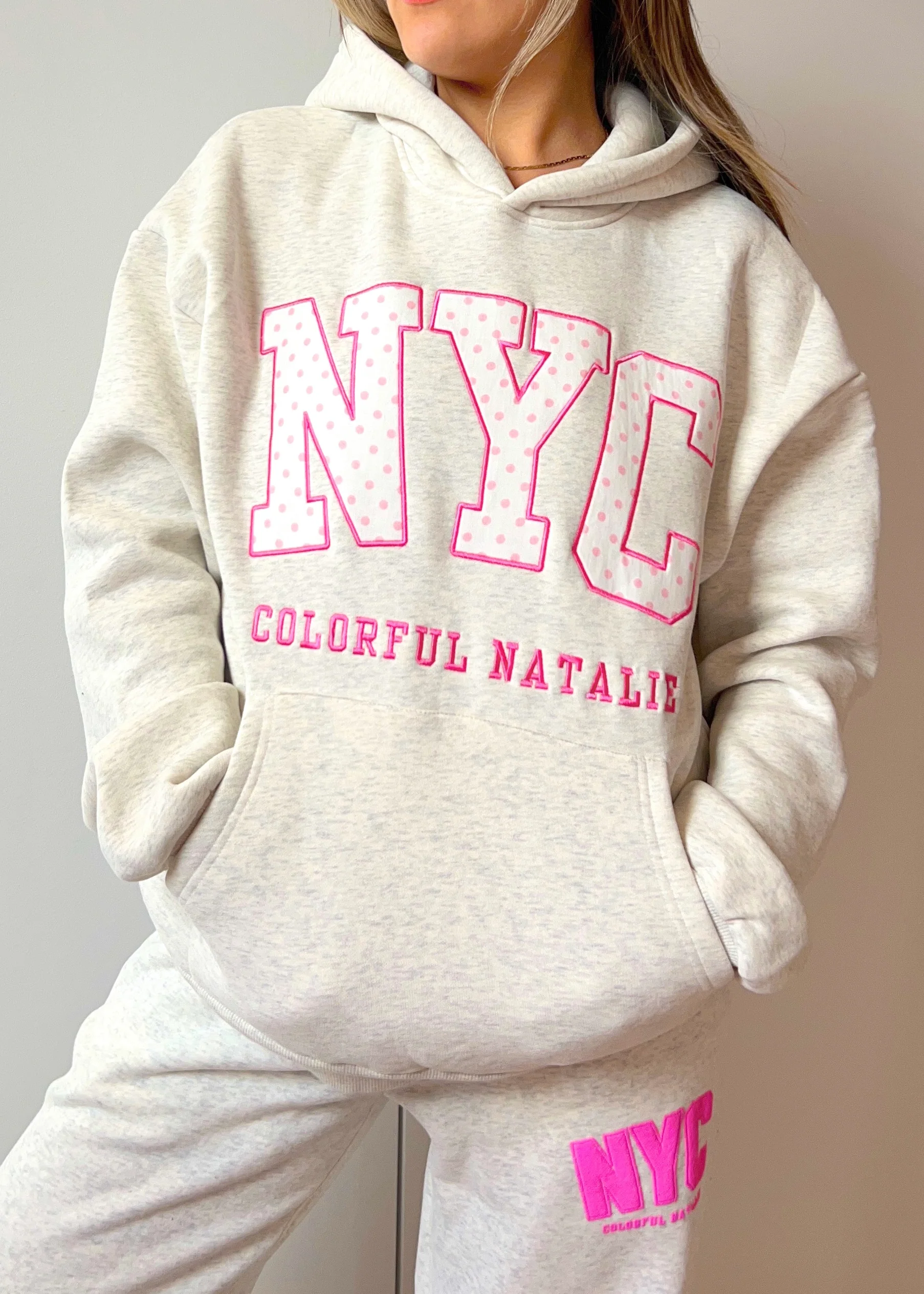 Grey Dots Embroidered NYC Hoodie - Image 2