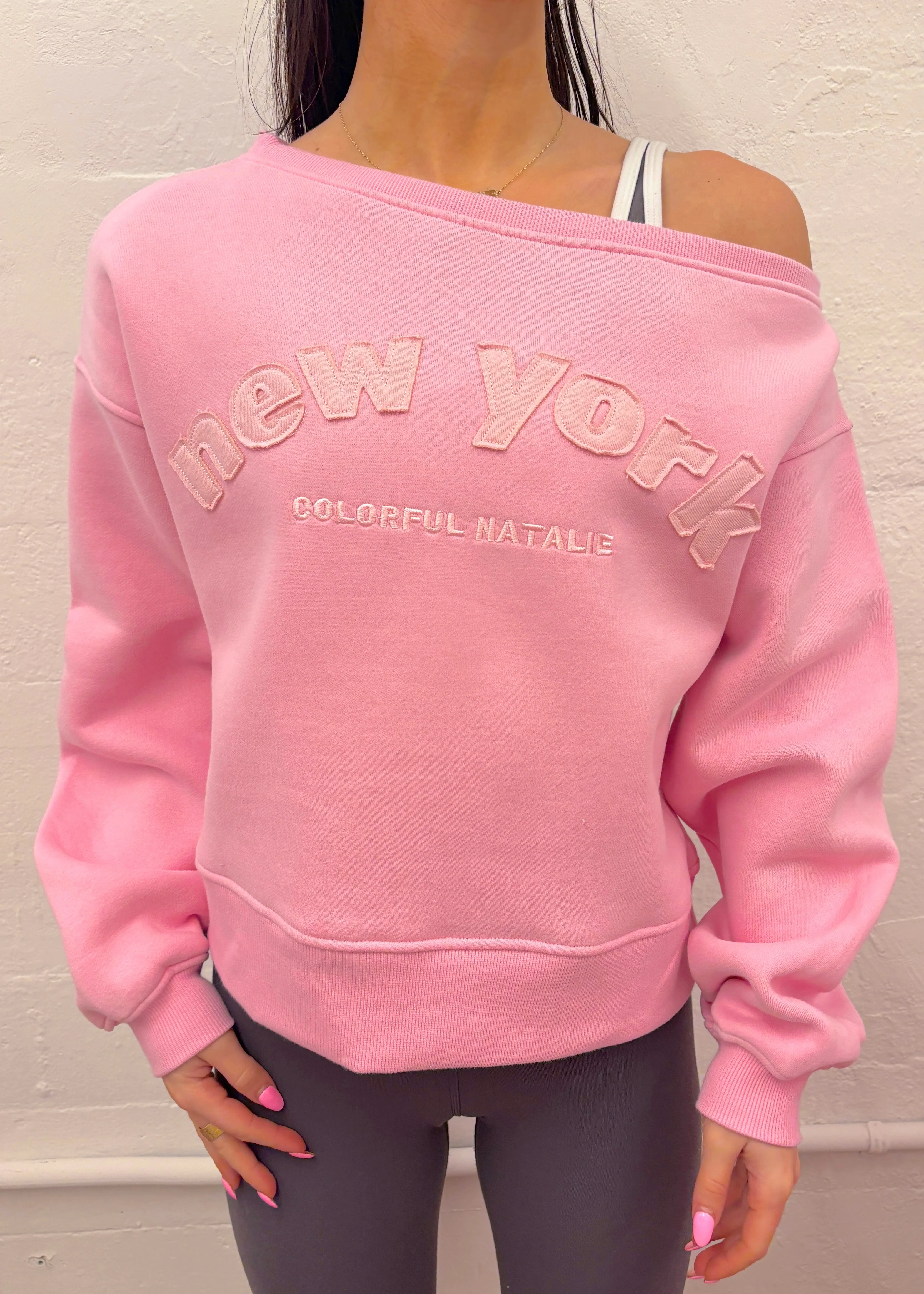 New York Pink Off Shoulder Sweatshirt - Image 3
