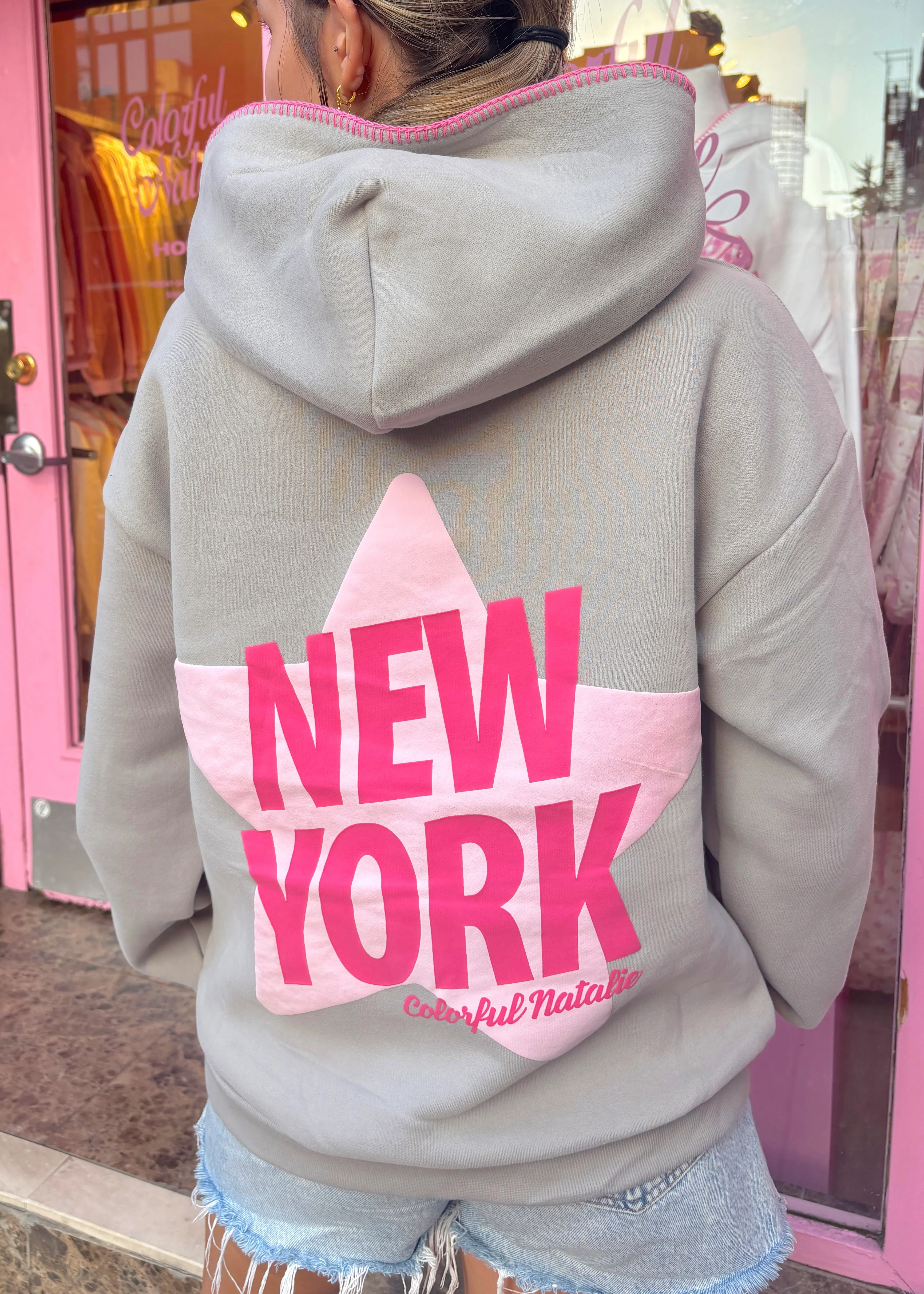 New York Star Charcoal Stitched Puff Hoodie - Image 3