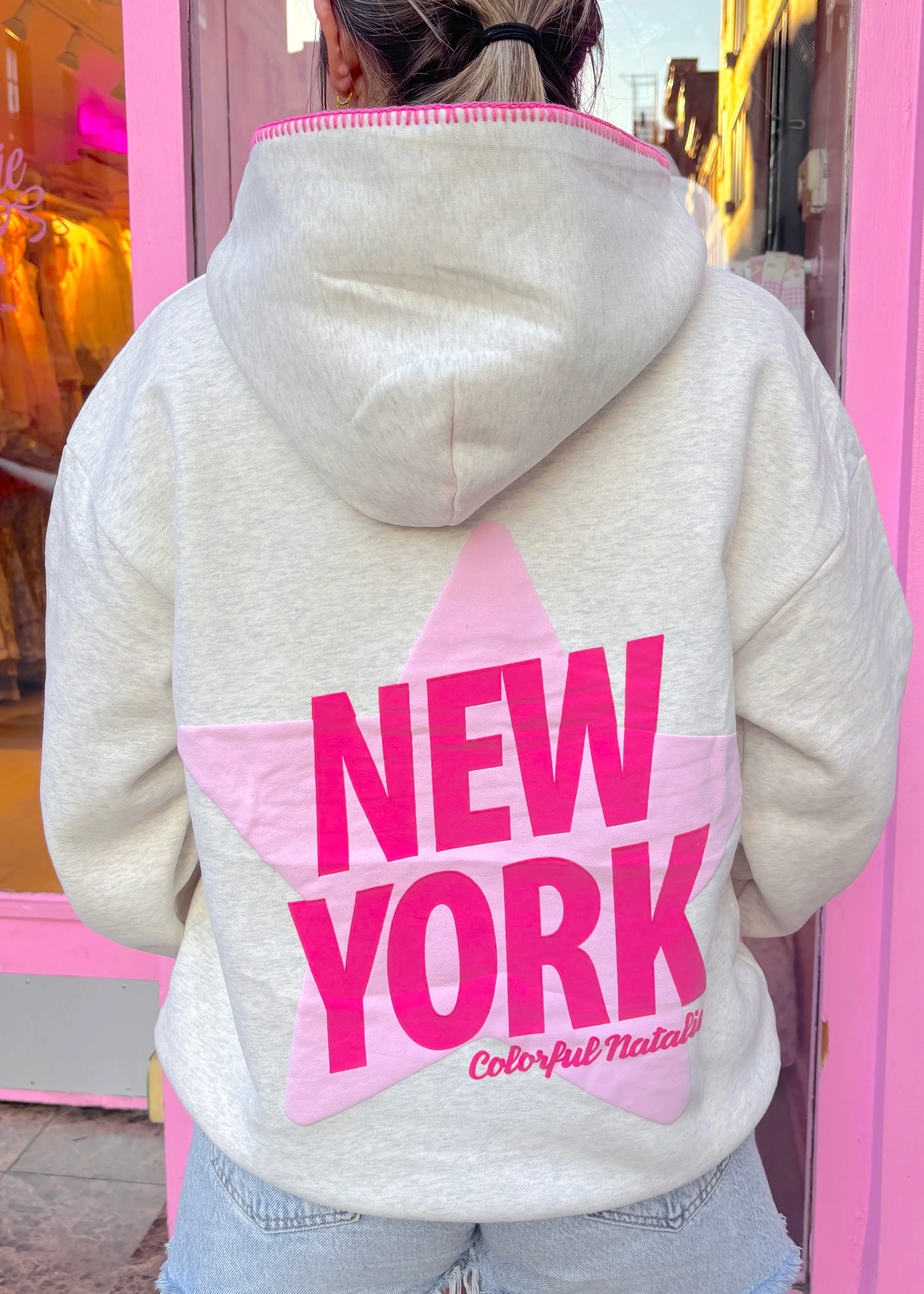 Preorder: New York Star Grey Stitched Puff Hoodie - Image 3