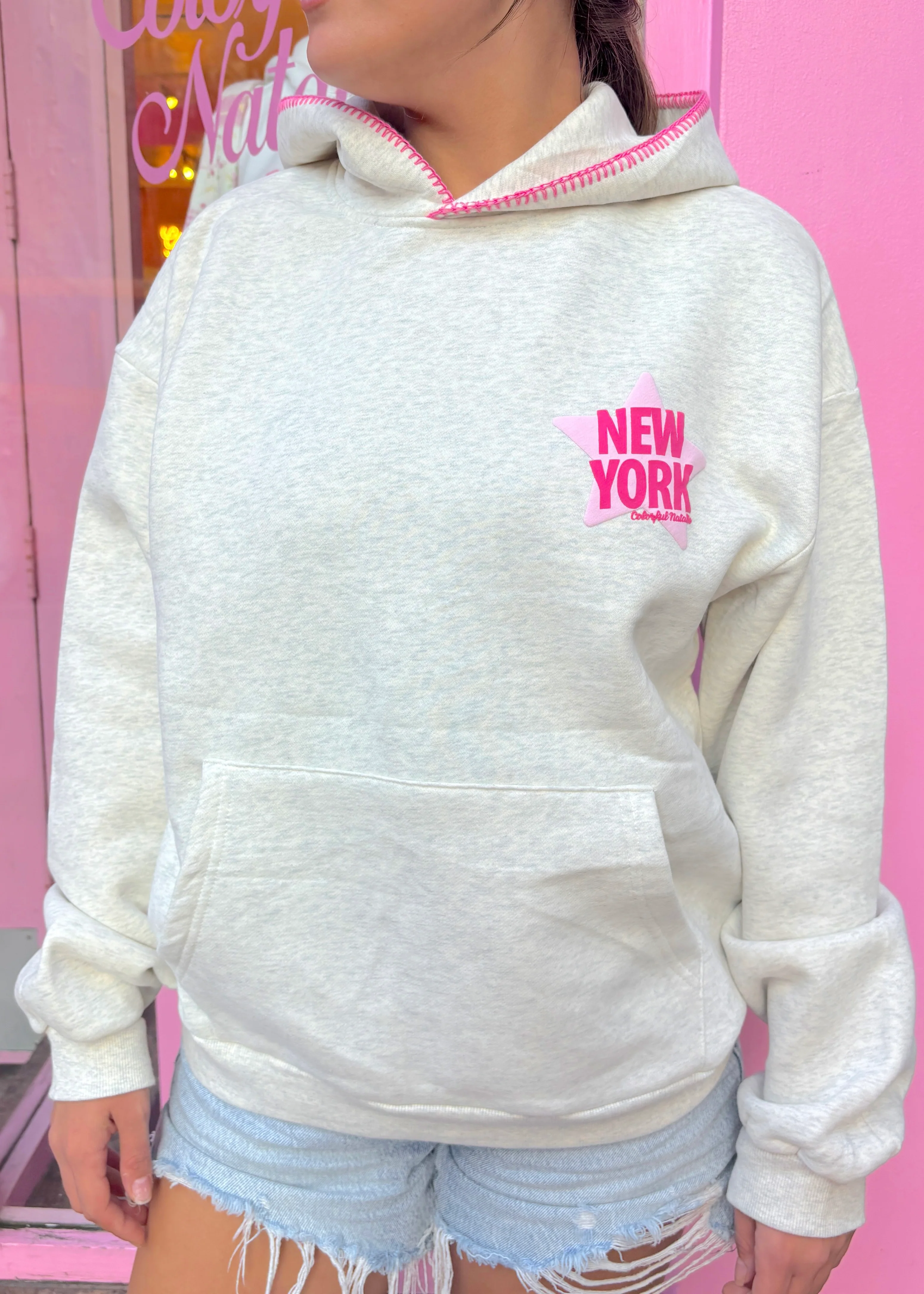 Preorder: New York Star Grey Stitched Puff Hoodie - Image 4