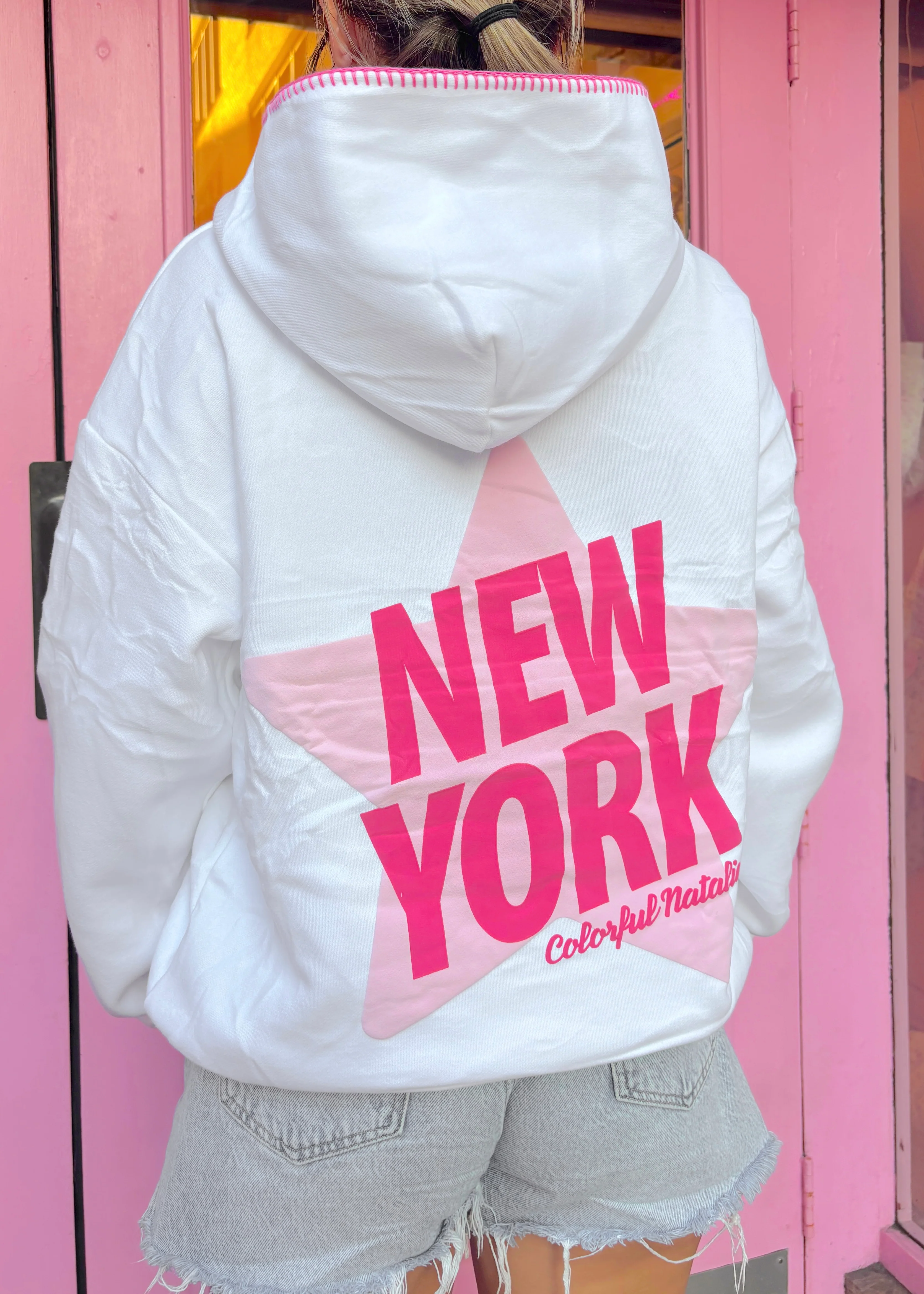 New York Star White Stitched Puff Hoodie - Image 3