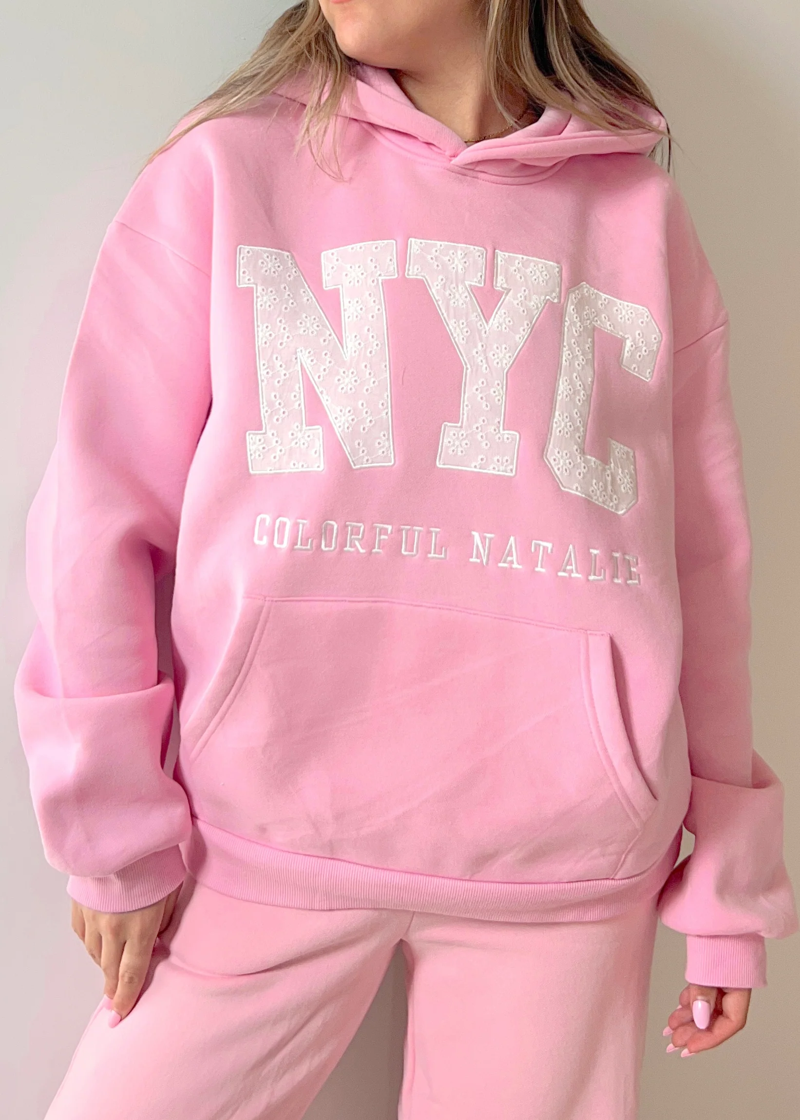 Pink Eyelet Embroidered NYC Hoodie - Image 2