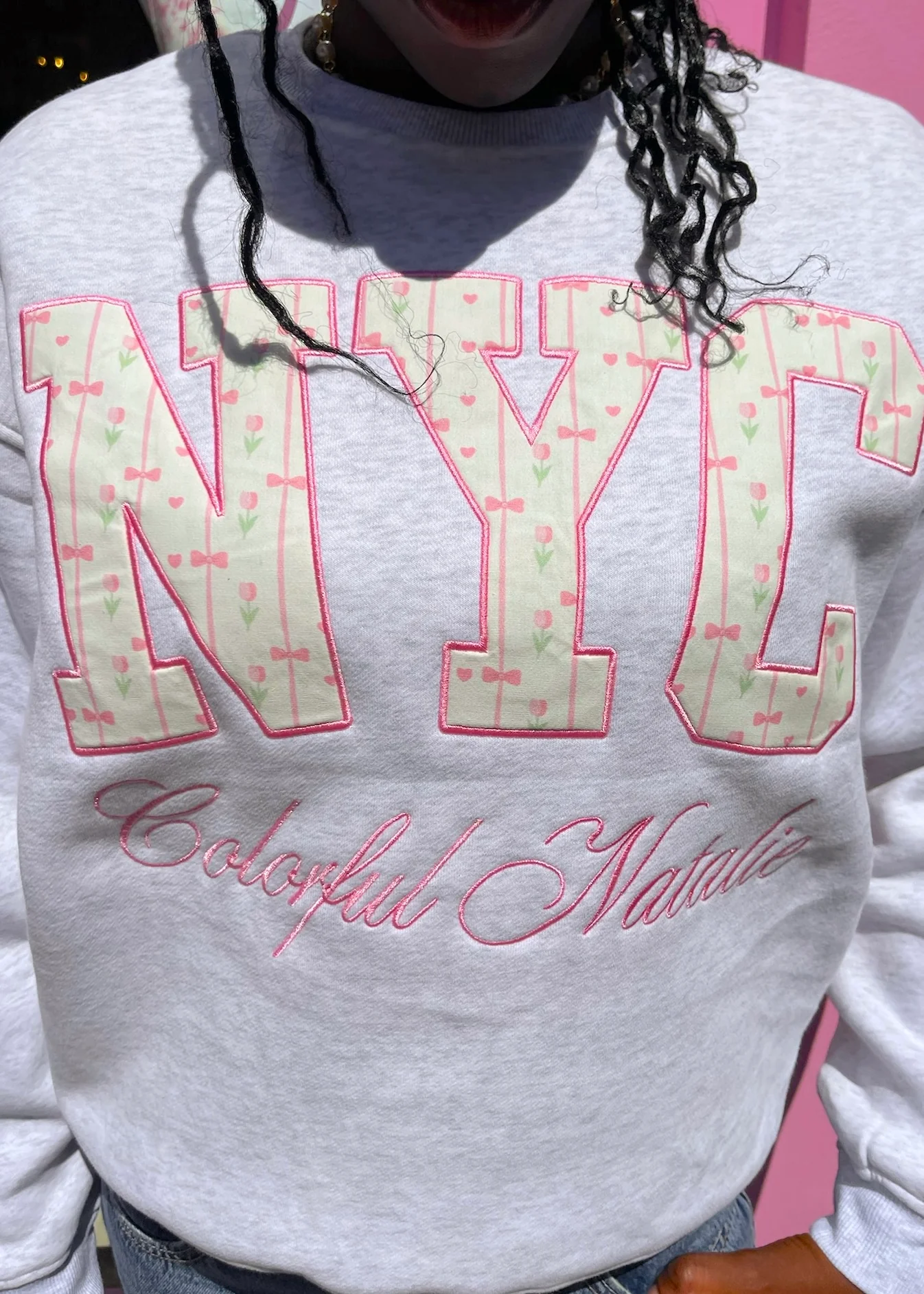 Pink Garden Embroidered NYC Crewneck - Image 3