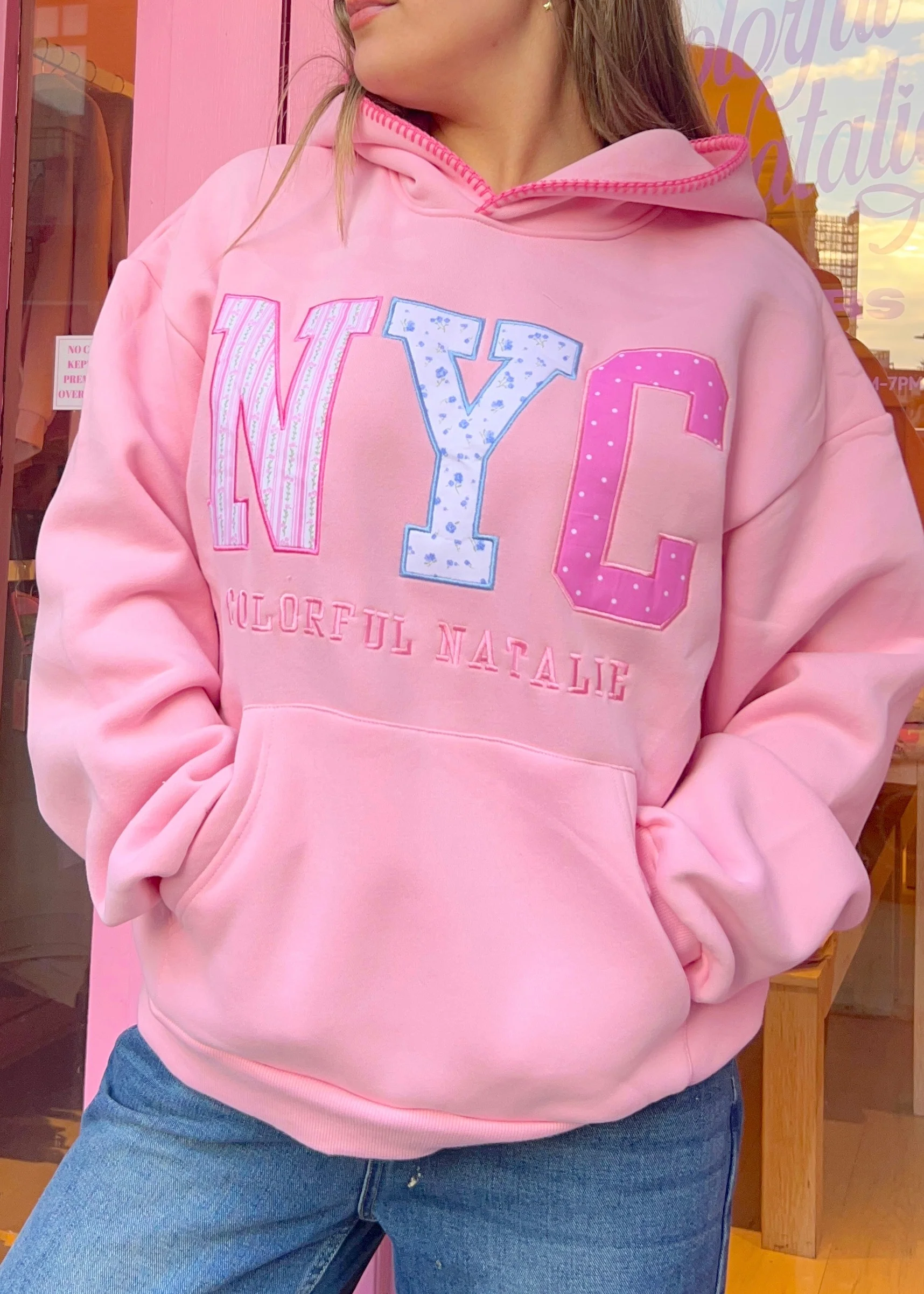 Pink Patterns Embroidered NYC Hoodie - Image 3